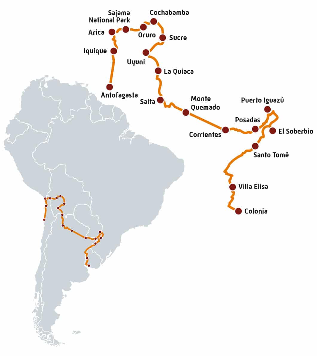 Itinéraire du premier road trip Harley en Amérique du Sud de Colonia en Uruguay jusqu'à Antofagasta au Chili en passant par l'Argentine et la Bolivie